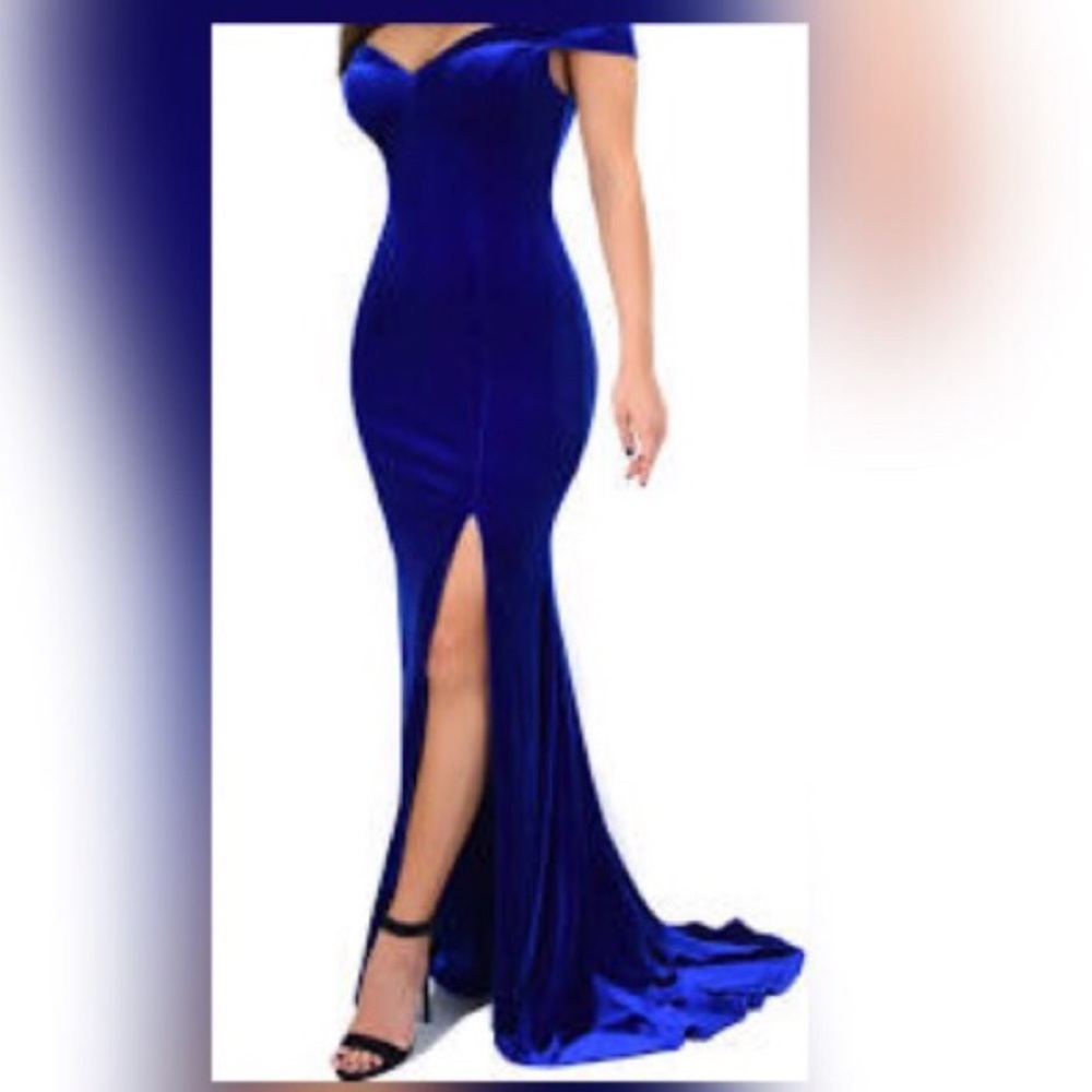 Royal blue off the shoulder velvet dress